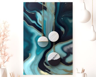 Marble Abstract Poster - Matte Vertical Art Print in Blue, Gold, Teal & White - Modern Home Decor, Stylish Wall Art