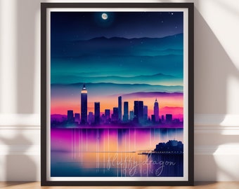 Moonlit Cityscape Digital Art, AI Skyline Reflection Print, Dreamy Nightscape Wall Art, Aesthetic Urban Decor, High-Resolution Download