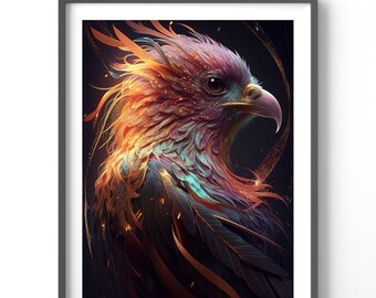 Neon Phoenix Poster, Matte Vertical Posters, Fantasy Wall Art, Fire Bird Print