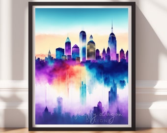 City Artwork | Colorful Cityscape Wall Art Digital Download | Urban Decor Print for Home & Office