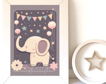 Baby Elephant Print - Nursery Wall Art, Cute & Playful Decor for Kids Room, Instant Download, Modern Animal Illustration