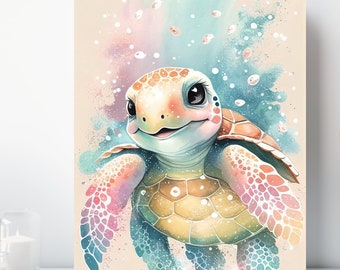 Sea Turtle Canvas Print, Wrapped Canvas, Cute Animal Art, Ready to Hang