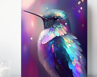 Holo Hummingbird Canvas Wall Art, Wrapped Canvas, Colorful Bird Art, Ready to Hang