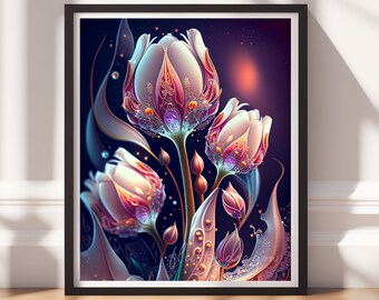 Dark Art, Flower Wall Print v12, Printable Art, Floral Prints, Digital Download, Dark Academia Decor, Black Painting