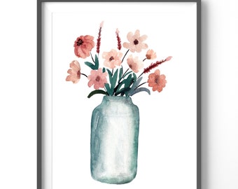 Vintage Flower Vase Poster, Matte Vertical Posters, Watercolor Wall Art, Vintage Floral Print