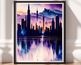 City Painting v2, Digital Download, Downloadable Prints, City Art Print, Colorful Painting, Living Room Wall Art