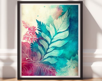 Botanical Art v10, Digital Download, Printable Art, Colorful Painting, Modern Prints, Leaves Decor, Abstract Painting