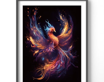 Neon Phoenix Poster, Matte Vertical Posters, Fantasy Wall Art, Fire Bird Print