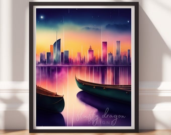 City Skyline at Sunset – Digital Download – Futuristic Boat Reflection Wall Art