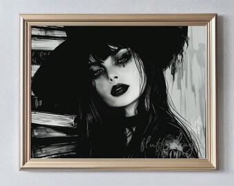 Black and White Witch Digital Art Download | Printable Wall Art | Mystical Home Decor & Halloween Decoration