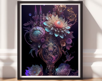 Dark Art, Flower Wall Print v6, Printable Art, Floral Prints, Digital Download, Dark Academia Decor, Black Painting