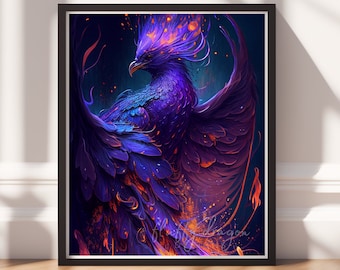 Neon Phoenix Digital Art Print, Downloadable Print, Colorful Fantasy Wall Art