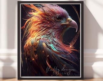 Neon Phoenix Digital Art Print, Downloadable Print, Colorful Fantasy Wall Art