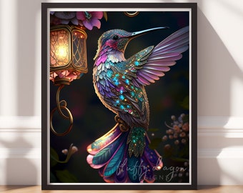 Enchanted Hummingbird Art - Fantasy Bird Wall Decor - Vibrant Digital Download - Mystical Nature Print
