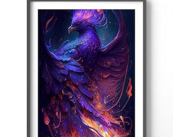 Neon Phoenix Poster, Matte Vertical Posters, Fantasy Wall Art, Fire Bird Print