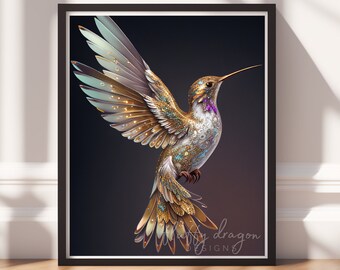 Hummingbird Art v14, Digital Painting Art, Instant Download, Printable Decor, Bird Prints, Bird Decor, Animal Painting