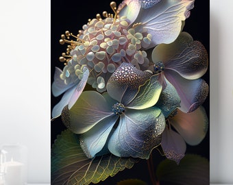 Ornate Hydrangea Canvas Print, Wrapped Canvas, Bejeweled Flower Wall Art, Ready to Hang