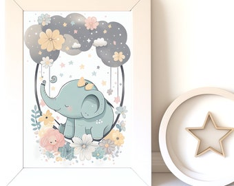 Digital Download |  Baby Elephant v9 | Printable Art | Digital Print Wall Art | Art Print | Nursery Wall Art | AI Art Print | Watercolor Art