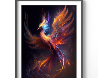 Neon Phoenix Poster, Matte Vertical Posters, Fantasy Wall Art, Fire Bird Print