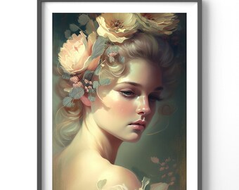Floral Poster | Vintage Woman Flower Wall Art | Matte Vertical Posters | Home Decor Print