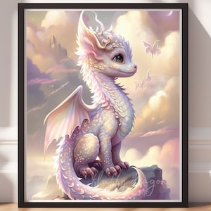 Arte mural de dragón bebé, descarga digital, impresión de dragón de fantasía, obra de arte caprichosa, regalo para gamers