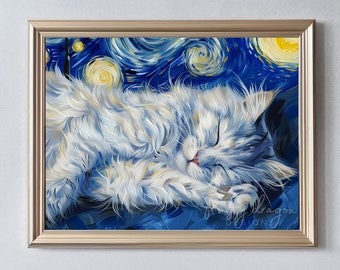 Cat Digital Art: Fluffy Kitten & Cute Animals in Starry Night Style, Van Gogh Inspired Wall Decor for Cat Lovers