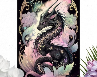 Black Whimsical Dragon Poster, Matte Vertical Posters, Fantasy Dragon Wall Art