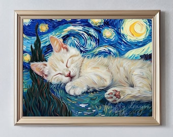 Starry Night Cat Wall Art - Sleeping Kitten Digital Print, Van Gogh Inspired Cat Decor, Whimsical Feline Poster, Cute Pet Printable