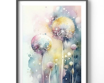 Watercolor Dandelions Poster, Matte Vertical Posters,  Floral Wall Art, Flower Print