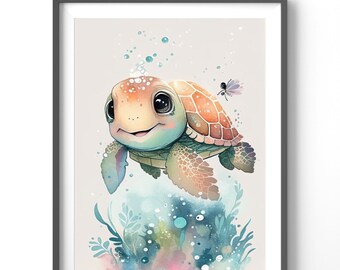Sea Turtle Watercolor Poster | Matte Vertical Wall Art | Ocean Animal Print Decor | Nautical Home Design