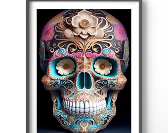 Skull Poster - Sugar Skull Art, Matte Vertical Print, Fantasy Wall Decor, Unique Artwork for Home or Office