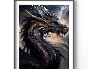 Black Dragon Poster, Matte Vertical Posters, Fantasy Wall Art, Dragon Lover Print