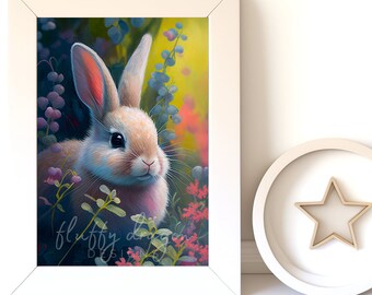 Digital Download |  Bunny in the Garden, Baby Animal Print, AI Art, Girls Bedroom Art, Digital Art, Printable Wall Art, Printable Art Prints