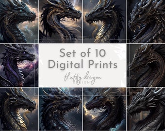 Set of 10, Black Dragon Art, Dragon Art Prints, Instant Prints, Dragon Lovers Gifts, , Digital Prints, Dracaris Dragon Gift, Digital Prints