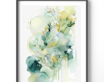 Abstract Poster - Green Watercolor Wall Art, Matte Vertical Print, Modern Home Decor, Gold Accent Design, Artistic Room Decor
