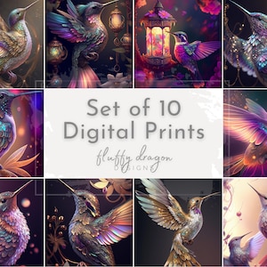 Set of 10 Hummingbird Artwork | Digital Download Printable Bird Art | Magical Wall Art for Home Decor