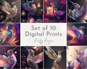 Set of 10 Hummingbird Artwork | Digital Download Printable Bird Art | Magical Wall Art for Home Decor