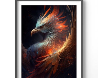 Neon Phoenix Poster, Matte Vertical Posters, Fantasy Wall Art, Fire Bird Print