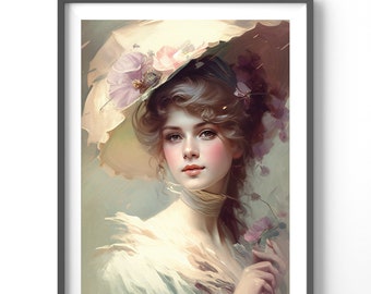 Vintage Woman Floral Poster, Matte Vertical Posters,  Flower Wall Art, Vintage Print