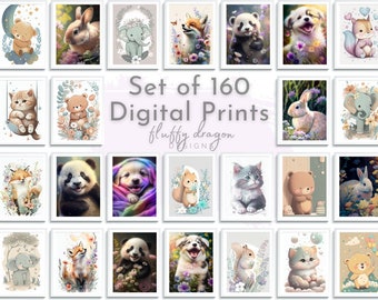 Nursery Wall Decor: Safari Wall Art Set, Cute Jungle Animals, Digital Prints of Kittens & Puppies, Kids Room Decor, 160 Images
