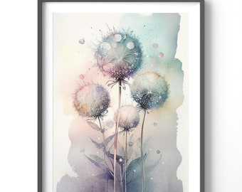 Watercolor Dandelions Poster, Matte Vertical Posters,  Floral Wall Art, Flower Print