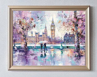 Big Ben Art | London Digital Art Print | Romantic Pastel Watercolor Decor for Home & Office