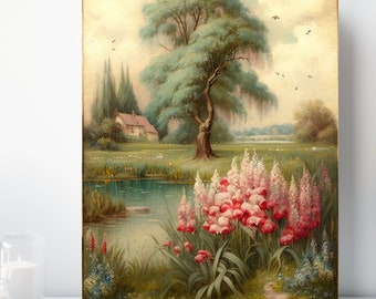 Vintage Country Flower Canvas Print, Wrapped Canvas, Landscape Wall Art, Ready to Hang