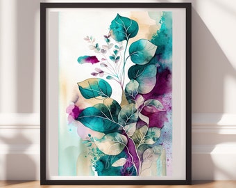 Botanical Art v14, Digital Download, Printable Art, Colorful Painting, Modern Prints, Leaves Decor, Abstract Painting