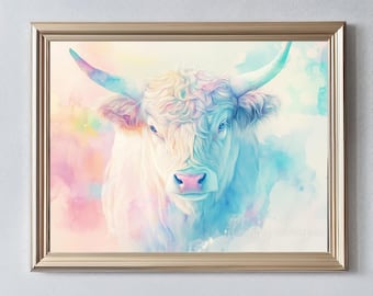 Highland Cow | Digital Download, AI Art, Watercolor Wall Art, Instant Print, Whimsical Pastel Decor