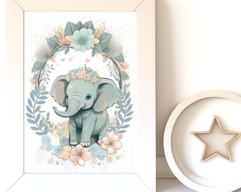 Digital Download |  Baby Elephant v20 | Printable Art | Digital Print Wall Art | Art Print | Nursery Wall Art | AI Print | Watercolor Art