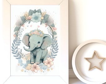 Baby Elephant Print - Cute Nursery Wall Art, Instant Download, Adorable Baby Decor for Kids' Room, Floral Elephant Art