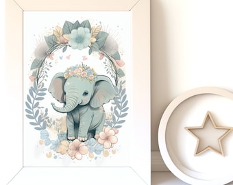 Digital Download |  Baby Elephant v20 | Printable Art | Digital Print Wall Art | Art Print | Nursery Wall Art | AI Print | Watercolor Art