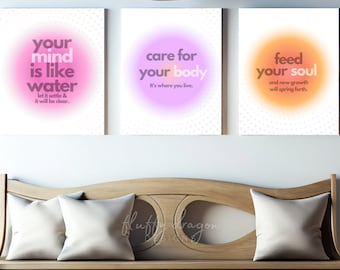 Mind Body Soul Print, Positive Aura, Mental Health Wall Art, Yoga Decor, Positive Vibes Gift, Spiritual Prints, Digital Wall Art Set of 3