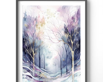 Forest Watercolor Poster, Matte Vertical Posters, Floral Wall Art, Pastels and Gold Print